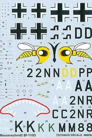 Sticker Messerschmitt Bf 110D (3) 2N+DP 9/ZG76 Wasp on nose 2N+AR 8/ZG76 M8+KC Major Erich Groth II/ZG76 shark mouth. All RLM 74 Beste Prijs