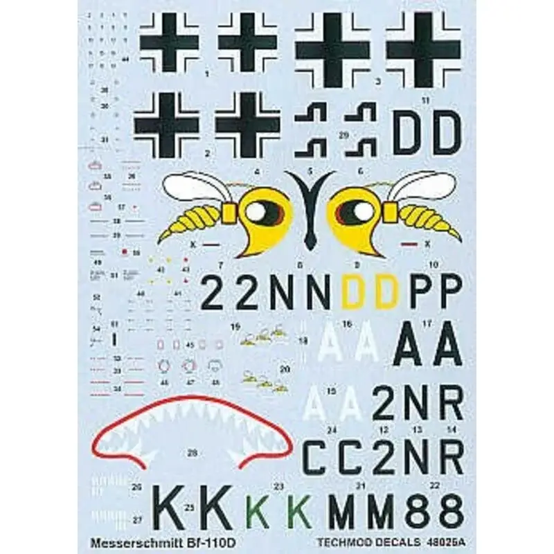 Sticker Messerschmitt Bf 110D (3) 2N+DP 9/ZG76 Wasp on nose 2N+AR 8/ZG76 M8+KC Major Erich Groth II/ZG76 shark mouth. All RLM 74 Beste Prijs