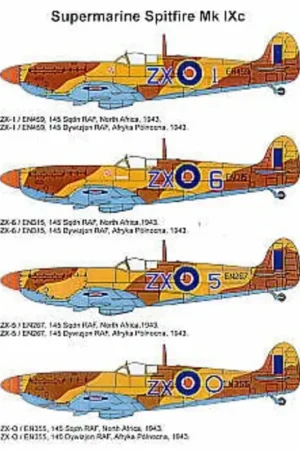 Sticker Supermarine Spitfire Mk.IXc (4) 145 Polish Sqd North Africa 1943. EN459 ZX-1 EN355 ZX-O EN267 ZX-5 EN315 ZX-6. All Dark Superprijs