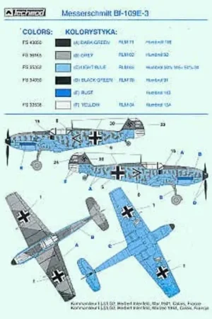 Laatste Kans Sticker Messerschmitt Bf 109E-3 (5) White 1 1/JG2 Gruppenkomandeur II/JG26 Adolf Galland White 1 yellow nose 4/JG54 White 13 1/J