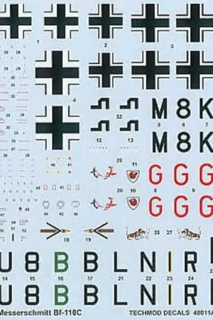 Actieprijs Sticker Messerschmitt Bf 110C (3) M8+GK Hptm Wolfgang Falck Staffelkapitan 2/ZG76 1939 RLM 70/71/65 U8+BB Hptm Gunther Sprecht I