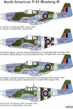 Veilige Betaling Sticker North American P-51B Mustang III (4) 315 Polish Squadron 1944. FB398 PK-A FZ154 PK-N both with D-Day stripes FB145 PK-F
