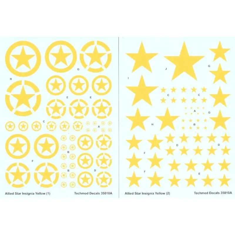 Allied Yellow ID Stars 3 styles with or without outline circle in 9 sizes. Double sheet Koopje