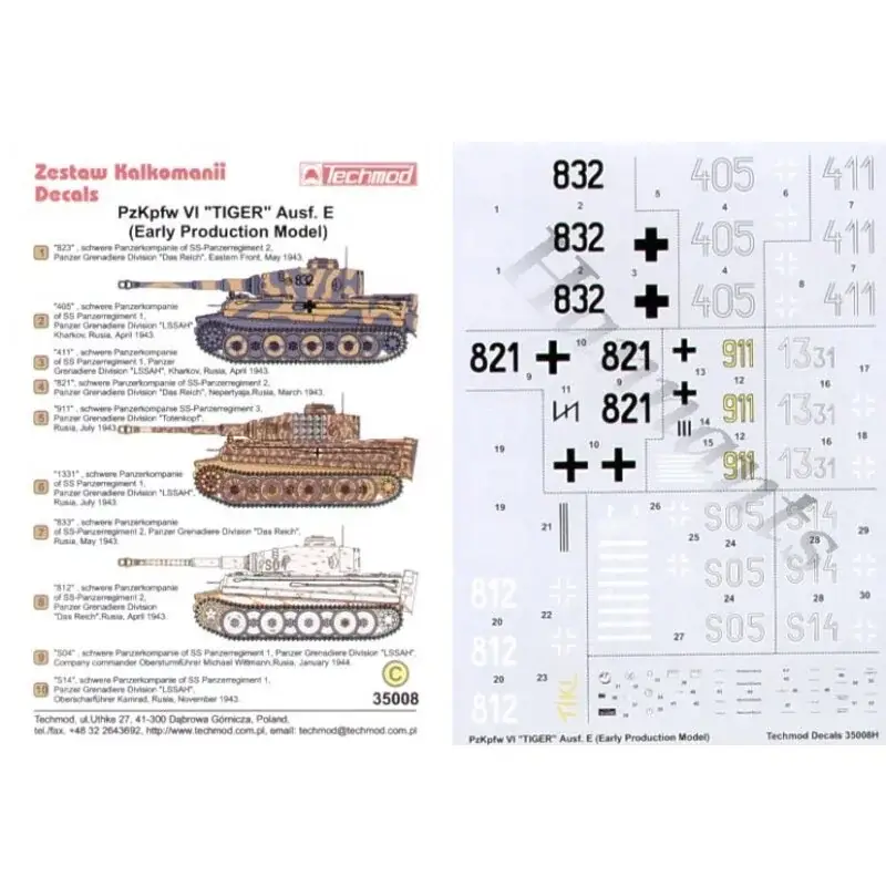Finale Uitverkoop Pz.Kpfw.VI Tiger Ausf.e Early Production (10) 823 Panzerregiment 2 405 or 411 Panzerregiment 1 833 Panzerregiment 2 812 Panzerre