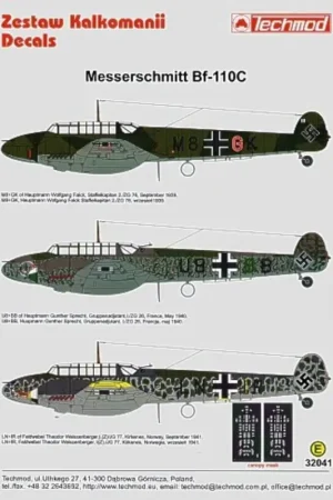 Sticker Meserschmitt Bf 110C (3) M8+GK 2/ZG76 Wolfgang Flack Staffelcapitan Sept 1939 U8+BB 1/ZG26 tGunther Sprecht France 1940 Hoge Kwaliteit