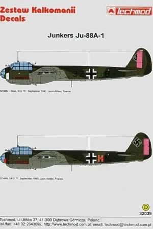 Sticker Junkers Ju 88A-1 (2) 3Z+BB 1 Stab/KG 77 3Z+HN 5/KG 77. Both Laon-Athies France Sept 1940 in RLM 70/71/65 with pink bands Meest Verkocht