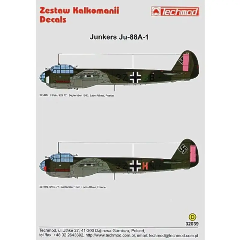 Sticker Junkers Ju 88A-1 (2) 3Z+BB 1 Stab/KG 77 3Z+HN 5/KG 77. Both Laon-Athies France Sept 1940 in RLM 70/71/65 with pink bands Meest Verkocht