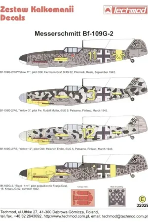 Tijdelijk Beschikbaar Sticker Messerschmitt Bf 109G-2 (4) Yellow 11 9/JG 52 Oblt Herman Graf 3/1943 Yellow 3+- 6/JG 5 Focke Wulf Fw Rudolf Muller Yell