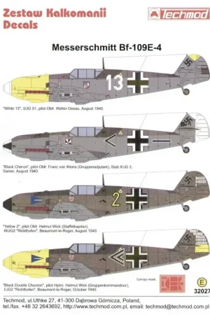 Laatste Versie Sticker Messerschmitt Bf 109E-4 (4) White 13 3/JG 51Oblt Walter Oesau 1940 yellow nose Yellow 2 III/JG2 Richthofen Oblt Helmut W