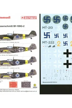 Sticker Messerschmitt Bf 109G-2 in Finnish service (4) DL+IC in delivery scheme and two versions as Yellow 2 MT-222 with 1/LeLv Hoge Kwaliteit