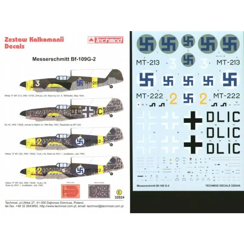 Sticker Messerschmitt Bf 109G-2 in Finnish service (4) DL+IC in delivery scheme and two versions as Yellow 2 MT-222 with 1/LeLv Hoge Kwaliteit