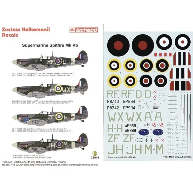 Sticker Supermarine Spitfire Mk.Vb (4) EP594 RF-D 303 Polish Squadron Lt Jan Zumbach 1942 P8742 WX-A 302 Polish Squadron Lt Glow Bestel Nu