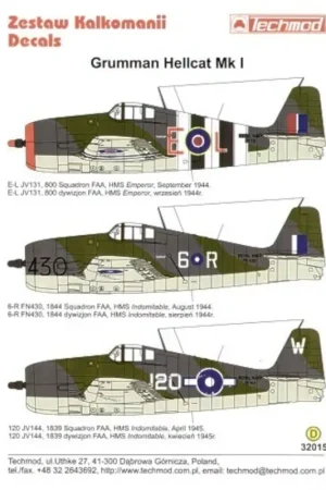 Fabrieksprijs Sticker Royal Navy/RN F6F Hellcats. F6F Hellcat Mk.I FAA (3) JV131 E-L 800 NAS HMS Emperor D-Day stripes FN430 6-R 1844 NAS HMS
