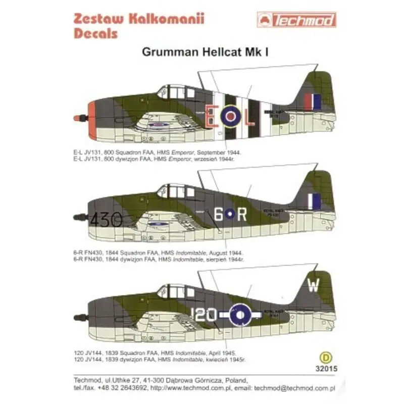 Fabrieksprijs Sticker Royal Navy/RN F6F Hellcats. F6F Hellcat Mk.I FAA (3) JV131 E-L 800 NAS HMS Emperor D-Day stripes FN430 6-R 1844 NAS HMS