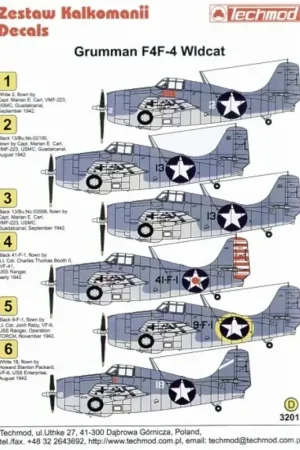 Sticker Grumman F4F-4 Wildcat (6) White 2 and Black 13 2 versions. All VMF-223 Capt Marian E. Carl USMC Gaudalcanal 41-F-1 VF-41 Voordeelprijs