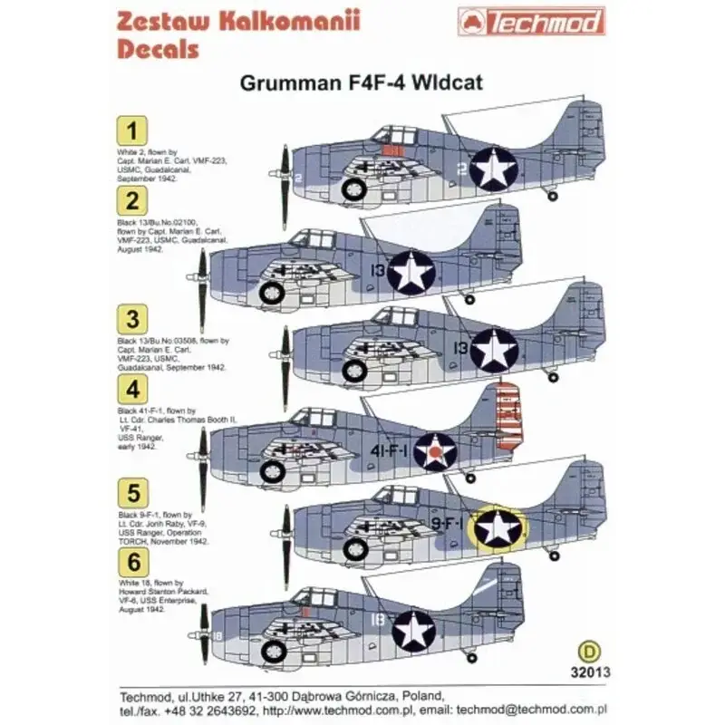 Sticker Grumman F4F-4 Wildcat (6) White 2 and Black 13 2 versions. All VMF-223 Capt Marian E. Carl USMC Gaudalcanal 41-F-1 VF-41 Voordeelprijs