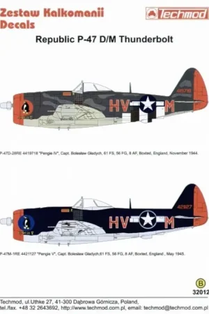 Sticker Republic P-47D/M Bubbletop 61 FS/56 FG Boxted Capt Boleslaw Gladych (2) D 419718 HV-M Pengie IV M 421127 HV-M Pengie V. Speciale Aanbieding