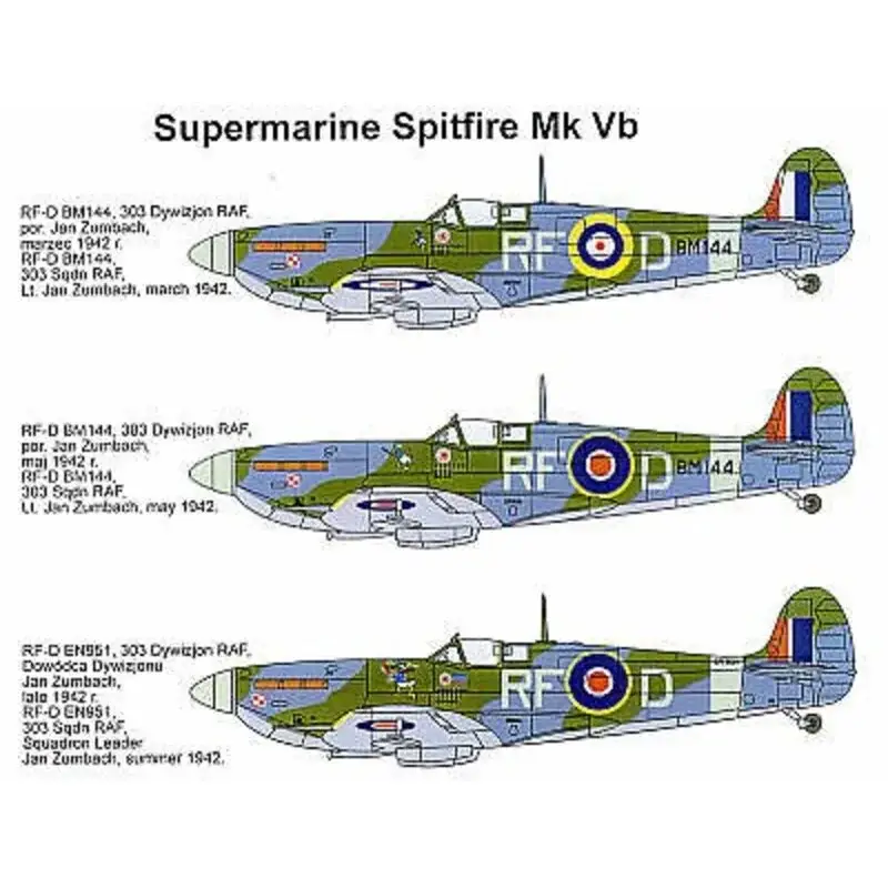 Voordeelprijs Sticker Supermarine Spitfire Mk.Vb (5) RM144 RF-D 303 Polish Squadron 3 versions W3902 WX-T 302 Polish Squadron EE781 ZX-A 145 S