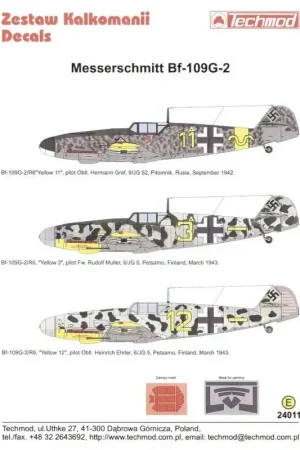 Sticker Messerschmitt Bf 109G-2 (3) Yellow 11 9/JG 52 Oblt Herman Graf 3/1943 Yellow 3+- 6/JG 5 Focke Wulf Fw Rudolf Muller Yell Betrouwbaar