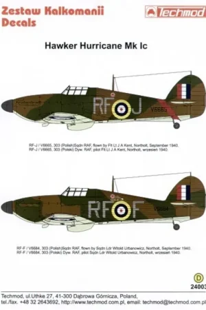 Goedkoop Sticker Hawker Hurricane Mk.I (2) V6665 RF-J Flt Lt Kent or V6684 RF-F Squadron Ldr Urbanowicz. Both 303 (Polish) Squadron North