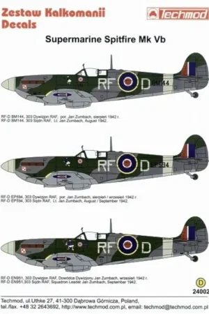 Sticker Supermarine Spitfire Mk.Vb (3) all RF-D Flt Lt/ Sqd Ldr Jan Zumbach 303 Polish Squadron with Donald Duck cartoons. BM144 Fabrieksprijs