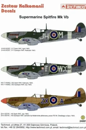 Superprijs Sticker Supermarine Spitfire Mk.Vb (3) W3207 JH-M 317 Polish Squadron 1943 W3902 WX-T 302 Polish Squadron 1943 both Dark Green/O