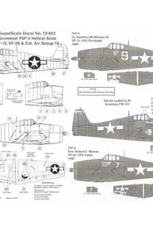 Direct Verzonden Sticker Grumman F6F-5 Hellcat Aces (3) White 9 VF-12 Lt H.McWhorter USS Randolph white stripes on fin ′Minsi II′ Cdr David McCam