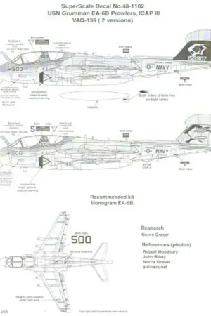 Gratis Retour Sticker Grumman EA-6B Prowlers (2) 159907 NK/500 VAQ-139 Cougars. 2 versions USS John C. Stennis Black fin or USS Ronald Reagan