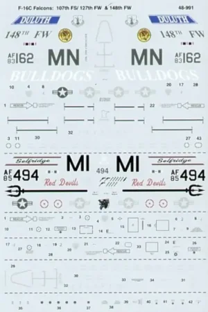 Gecertificeerd Sticker Lockheed Martin F-16C (2) 83-162/MN 148 FW Bulldogs Duluth 85-494/MI 107 FS/127 FW Red Devils Selfridge Air Force Base
