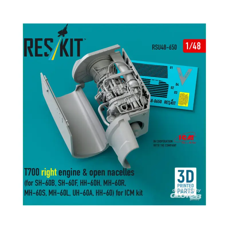 T700 right engine & open nacelles (for SH-60B, SH-60F, HH-60H, MH-60R, MH-60S, MH-60L, UH-60A, HH-60) (3D Printed) for ICM Speciale Aanbieding