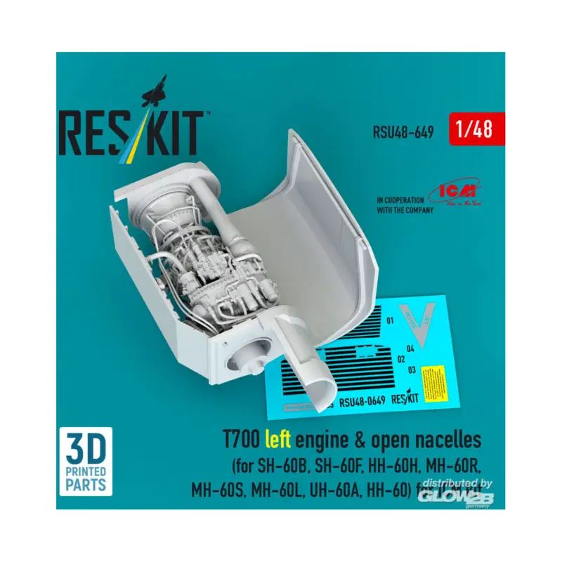 T700 left engine & open nacelles (for SH-60B, SH-60F, HH-60H, MH-60R, MH-60S, MH-60L, UH-60A, HH-60) (3D Printed) for ICM Hete Deal