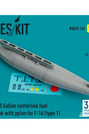 300 Gallon centerline fuel tank with pylon for F-16 (A/B/C/D/E/F/I) (type 1) (1 pcs) (3D Printed) Fabrieksprijs