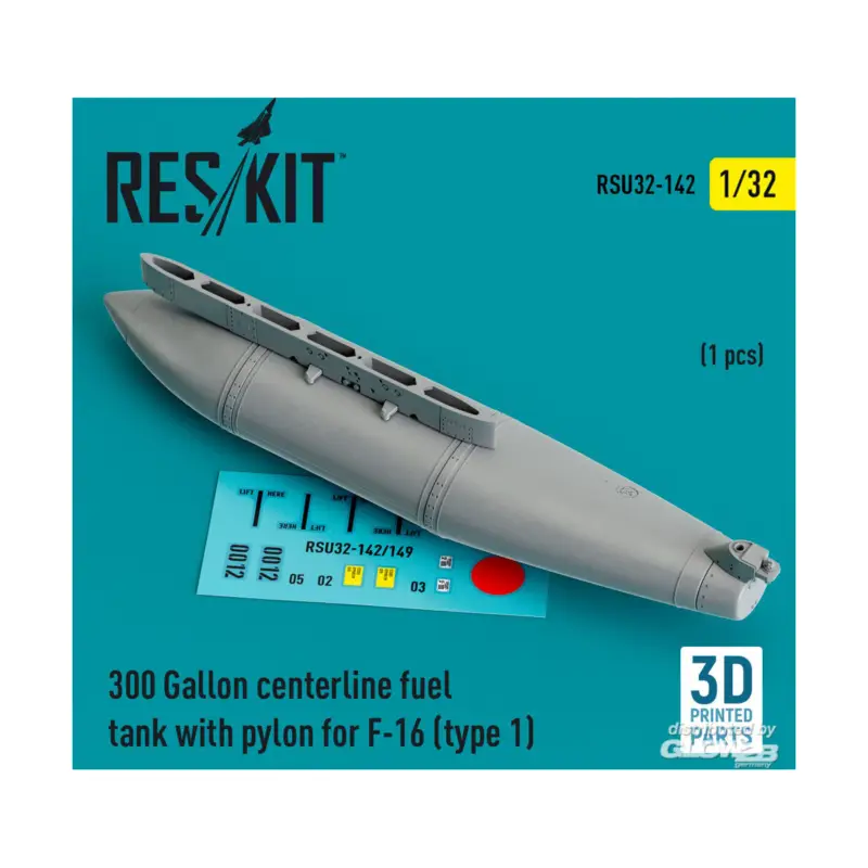 300 Gallon centerline fuel tank with pylon for F-16 (A/B/C/D/E/F/I) (type 1) (1 pcs) (3D Printed) Fabrieksprijs
