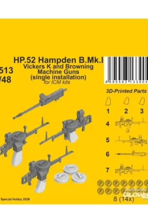 Gereduceerde Prijs HP.52 Hampden B.Mk.I - Vickers K and Browning Machine Guns (single installation) for ICM
