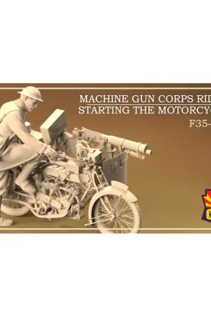 Machine gun corps rider starting the motorcycle Snelle Levering