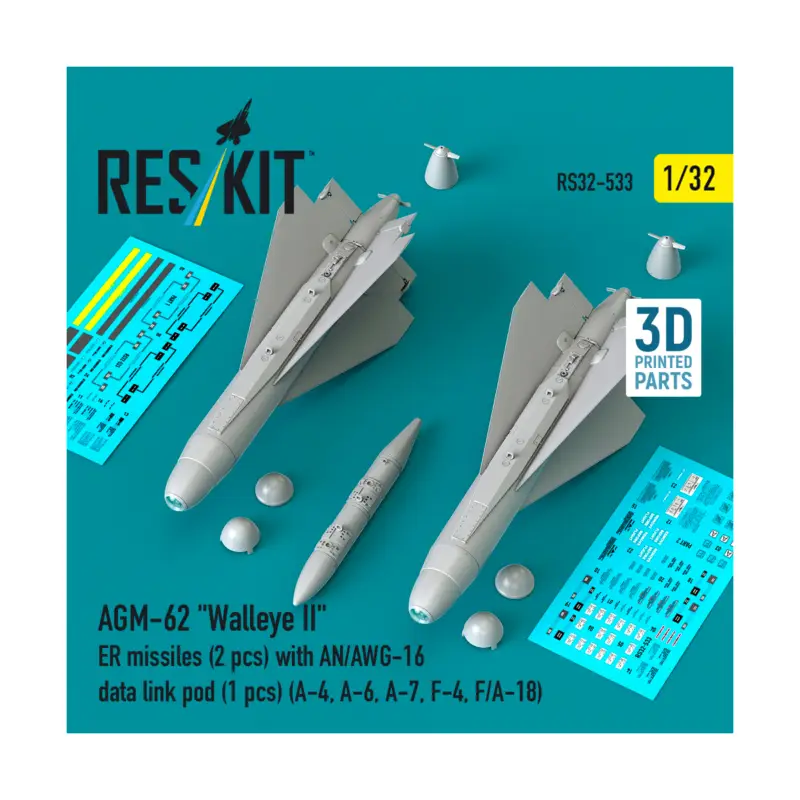 Aanbieding AGM-62 'Walleye II' ER missiles (2 pcs) with AN/AWG-16 data link pod (1 pcs) (A-4, A-6, A-7, F-4, F/A-18) (3D Printed) (1/32)