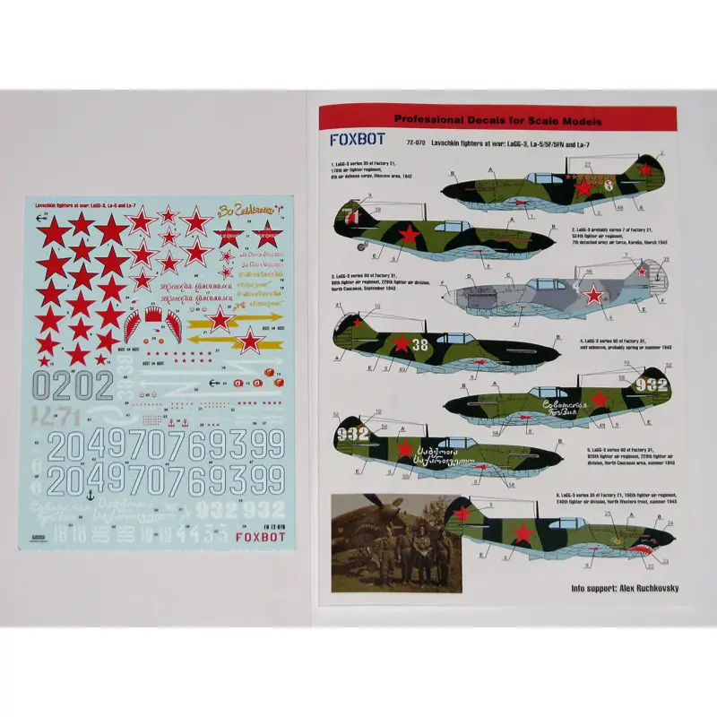 Decal Lavochkin fighters at war: LaGG-3, La-5, La-5F, La-5FN and La-7. For AML, Bilek, Dakoplast, Eastern Express, ClearProp, TO Laatste Versie