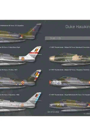Direct Verzonden Decal Republic F-84F. 7 markings. 5 Belgian and 2 Dutch schemes.