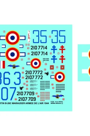 Decal Martin B-26C-45-MO Marauder in French service: 42-107714 code 35 'Britain', 42-107772 code 63 'Gascogne', 42-107709 code 0 Aanbieding
