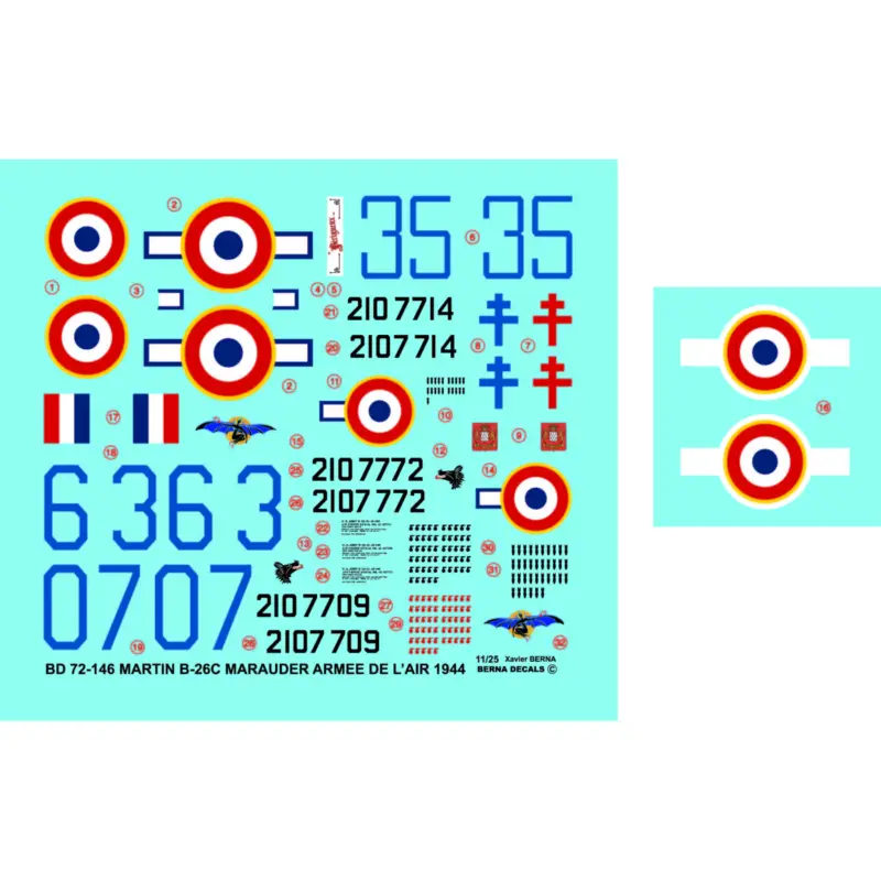 Decal Martin B-26C-45-MO Marauder in French service: 42-107714 code 35 'Britain', 42-107772 code 63 'Gascogne', 42-107709 code 0 Aanbieding