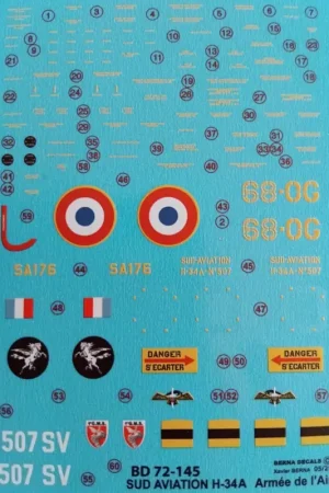 Beperkte Voorraad Decal Sud-Aviation H-34 A (Sikorsky H-34): SA-176 code 68-OG Plateau d’Albion 1975 – SA 507 code 507 SV Villacoublay 1966. Both