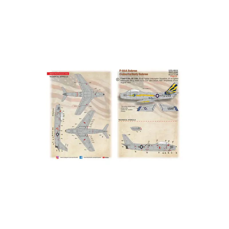 Actieprijs Decal F-86A Colorful Early Sabres. The complete set 2 leaf. Part 5.F-86A 5 NA, 49 1289, 92 nd Fighter Interceptor Squadron, 81 s