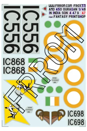 Decal FR0X33 India Ouragan Sqn 4 / 47 / 51 Aux. ( 1/48 nd) size AYou may have one of these aircraft (only one set of roundels is Op = Op