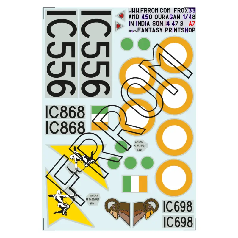 Decal FR0X33 India Ouragan Sqn 4 / 47 / 51 Aux. ( 1/48 nd) size AYou may have one of these aircraft (only one set of roundels is Op = Op