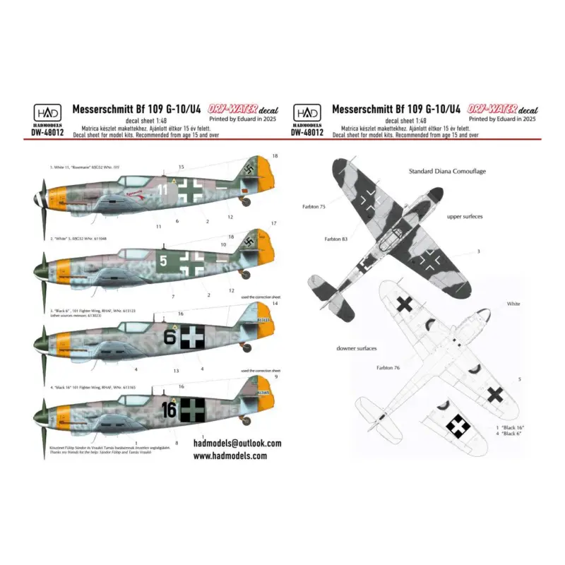 Messerschmitt Bf-109G-10 DRY-WATER decals ( Printed by Eduard) Uitverkoop