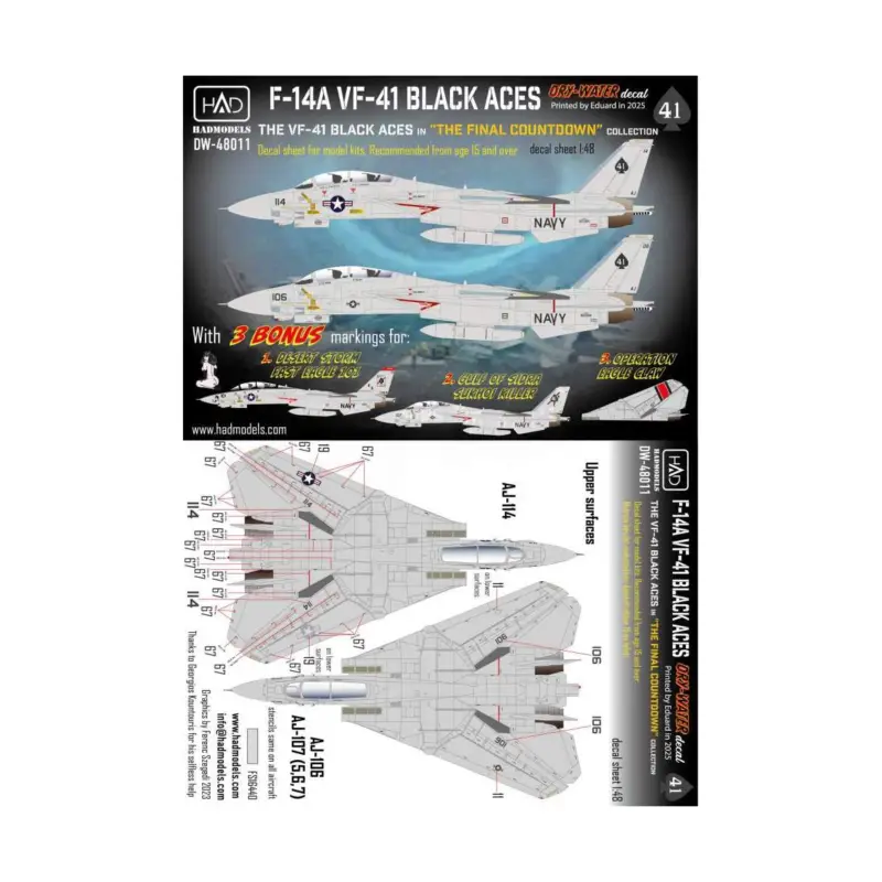 Grumman F-14A Tomcat VF-41 Black Aces decal sheet ”The final countdown” DRY-WATER decals ( Printed by Eduard) Weekendaanbieding