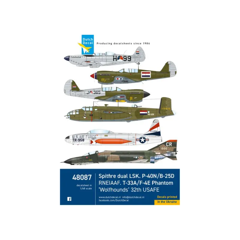 Aanbieding Decal Supermarine Spitfire Dual LSK, P-40N/B-25D RNEIAAF. T-33A/F-4E Phantom ‘Wolfhounds’ 32th USAFE – Includes...Supermarine Sp