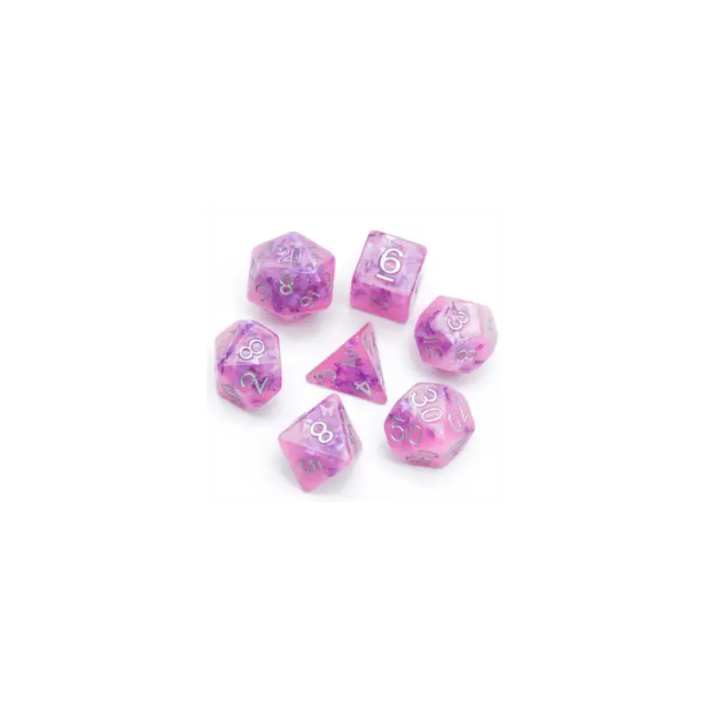Set of 7 pink resin dice, Insert range - in box - Butterfly Betrouwbaar