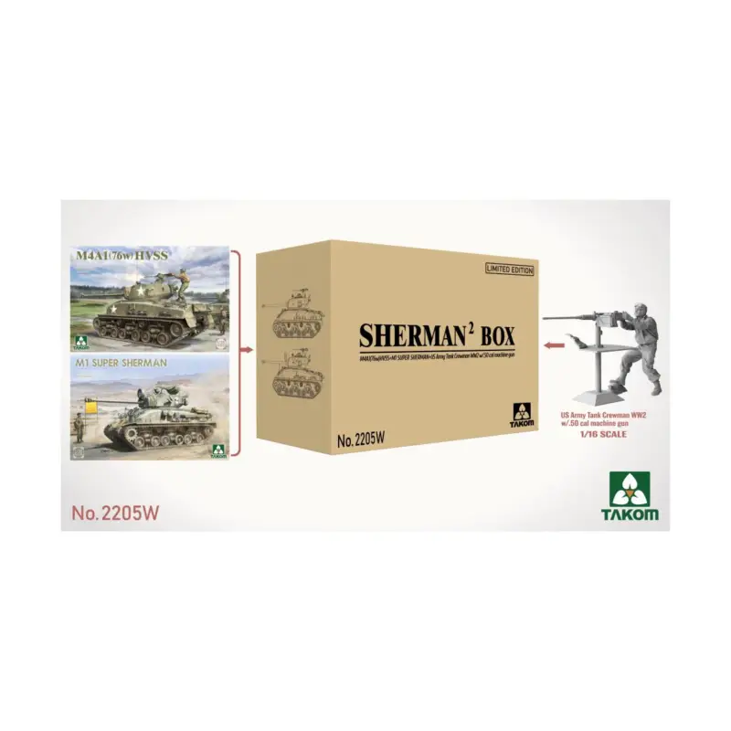 Dagaanbieding TAKOM MODEL: 1/35; SHERMAN² BOX M4A1(76W) HVSS+M1SUPER SHERMAN+US Army Tank Crewman WW2 w/.50 cal machine gun