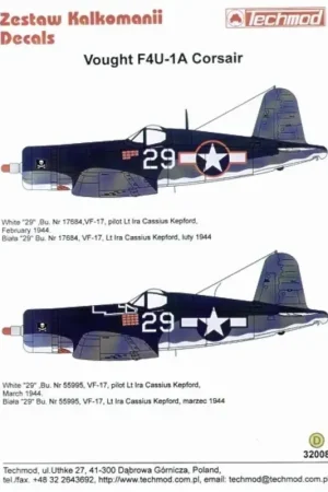 Sticker Vought F4U-1A Corsair (2) Both white 29 VF-17 Lt Ira KepFord with 3 tone camouflage. Bu 17684 with red outline national Superprijs